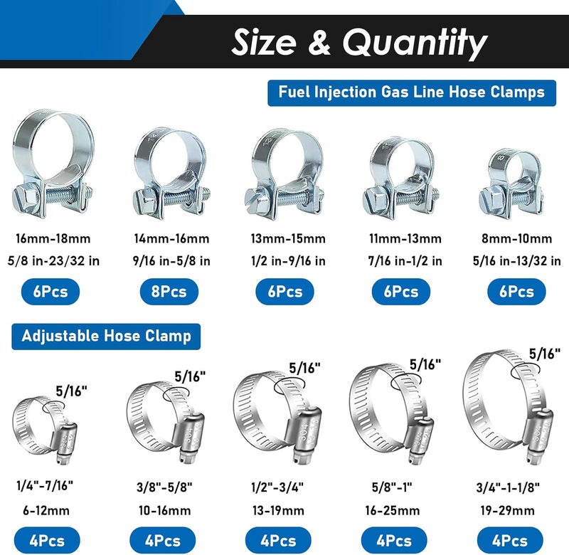 Eoppen 52Pcs Fuel Line Clamp Assortment Kit, 8-18mm Fuel Injection Gas Line Hose Clamps & Adjustable 1/4Inch - 1-1/8Inch(6-29mm) 304 Stainless Steel Hose Clamp for Automotive, Fuel Line(10 Sizes) - Image 2